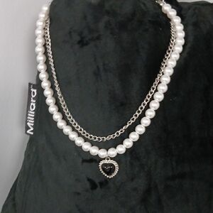 Pearl and Silver Heart Layered Necklace